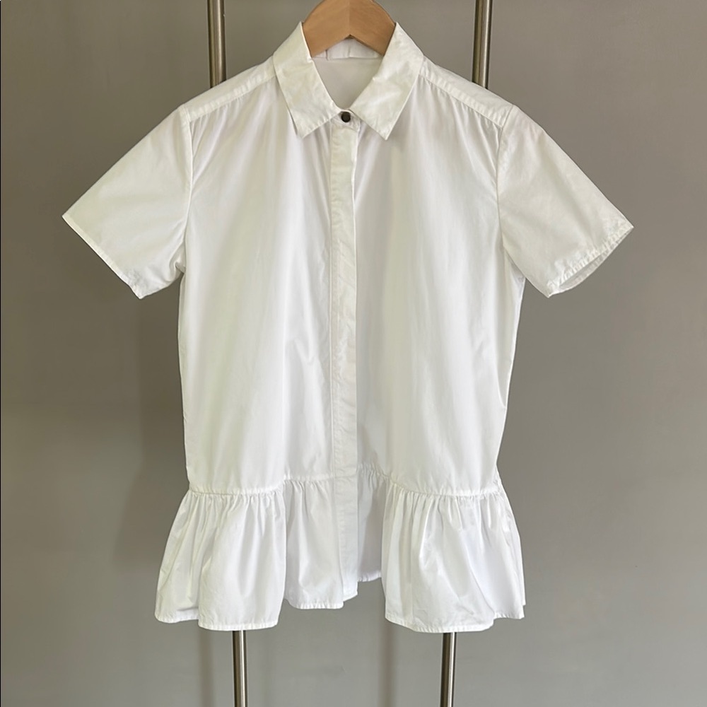 Co White Hidden Button Down Cotton Peplum Short Sleeve Blouse.